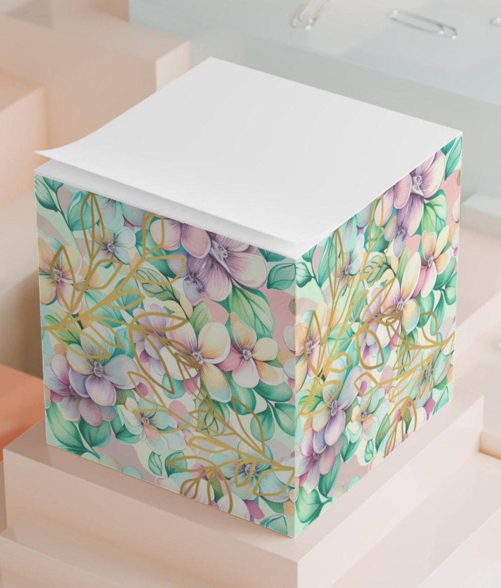 Floral Note Cube: Gold Accent Memo Pad - Desk Decor
