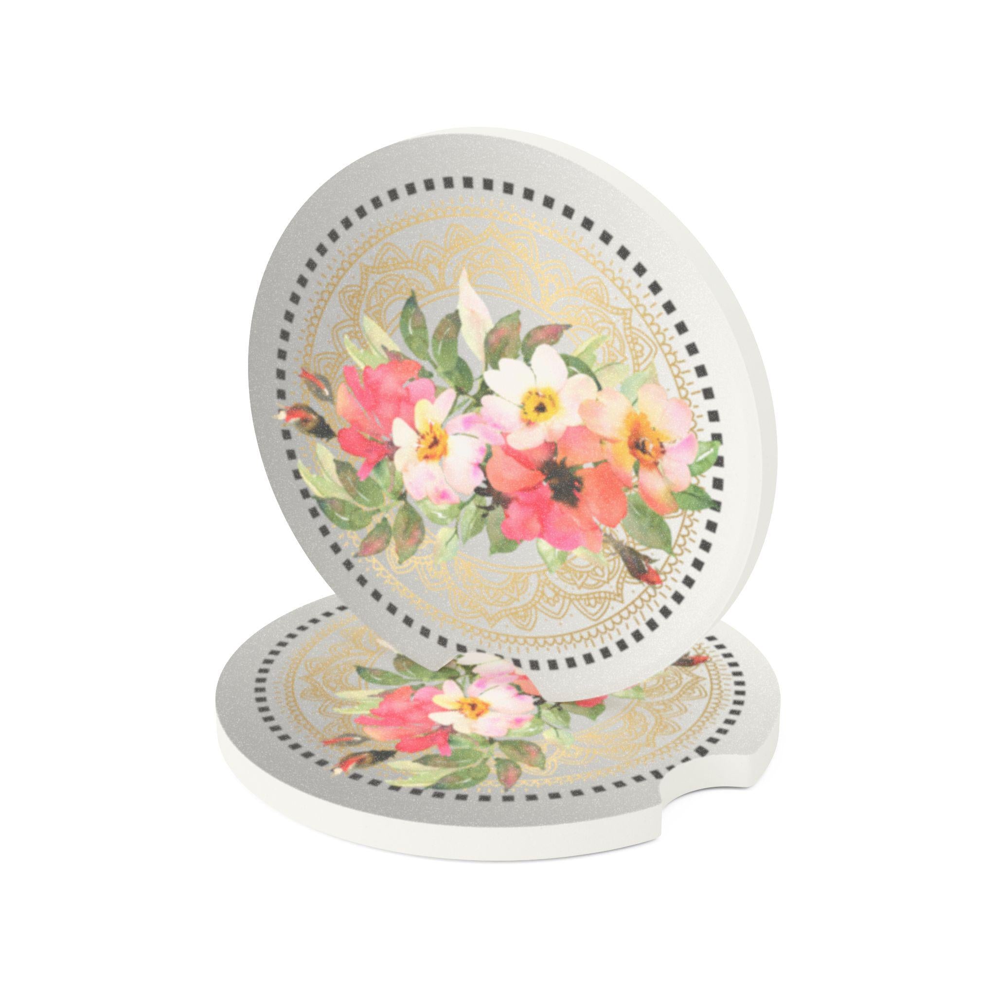 Floral Soapstone Car Coaster Set: Decorative Auto Drink Holder