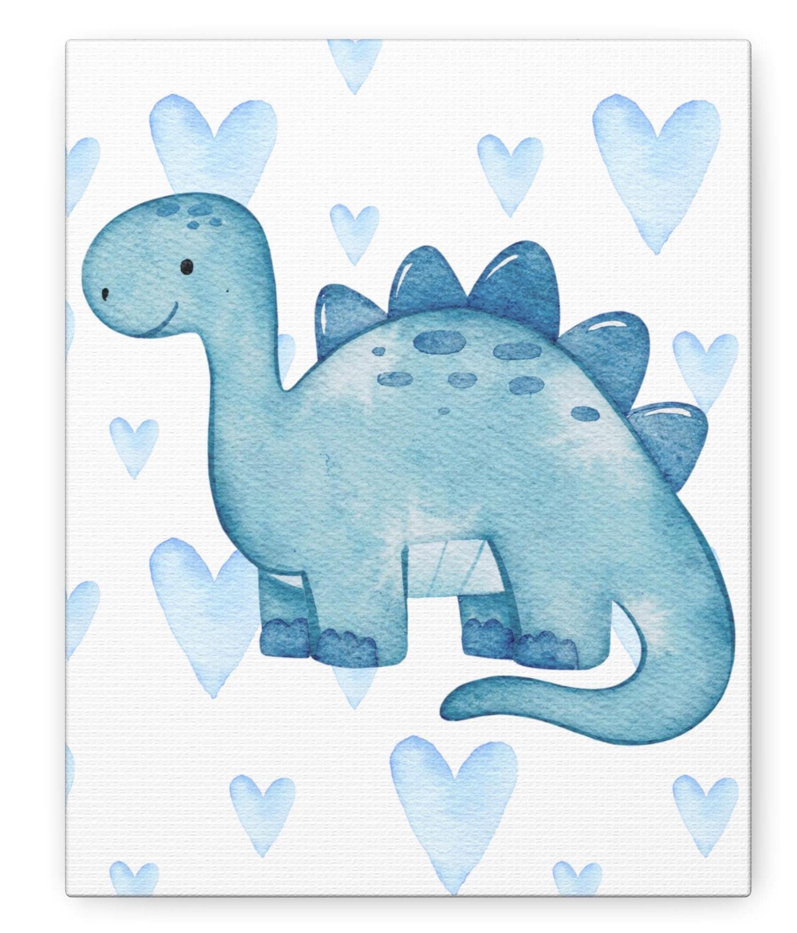 Blue Watercolor Dinosaur Hearts Canvas, Nursery Print