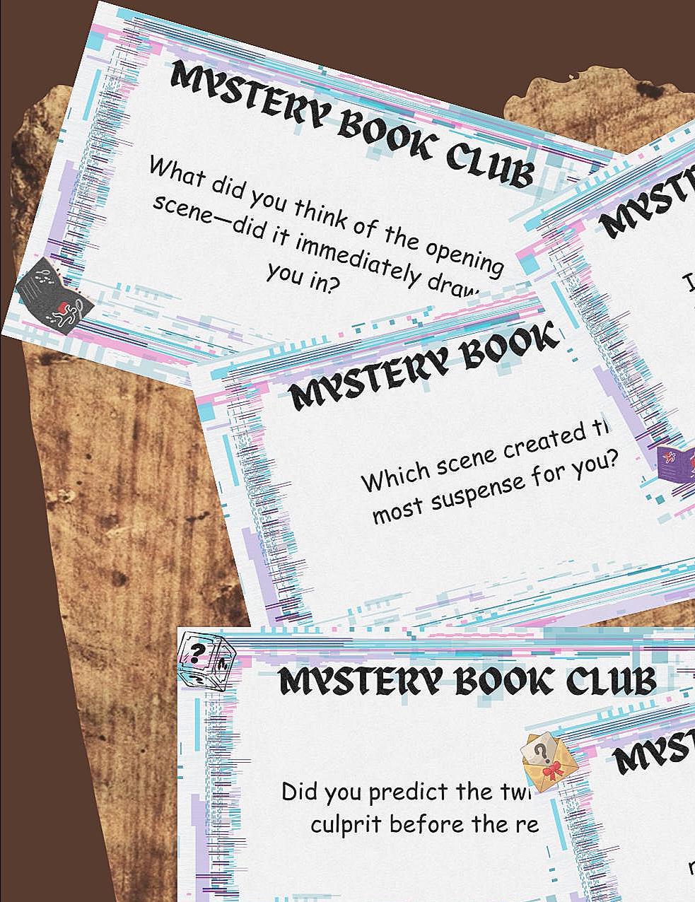 Mystery Book Club Conversation Cards, Idea starters, PDF File Download