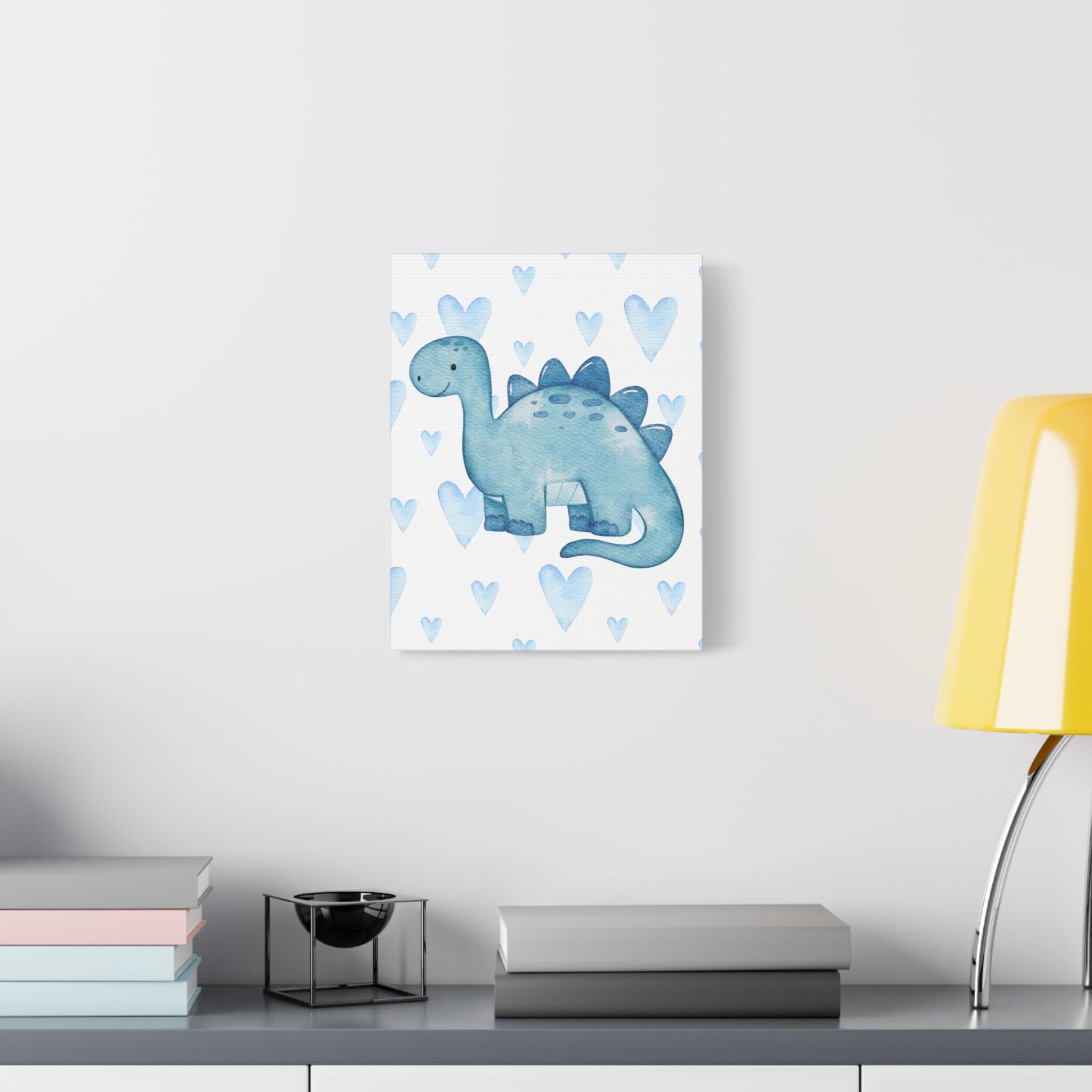 Blue Watercolor Dinosaur Hearts Canvas, Nursery Print