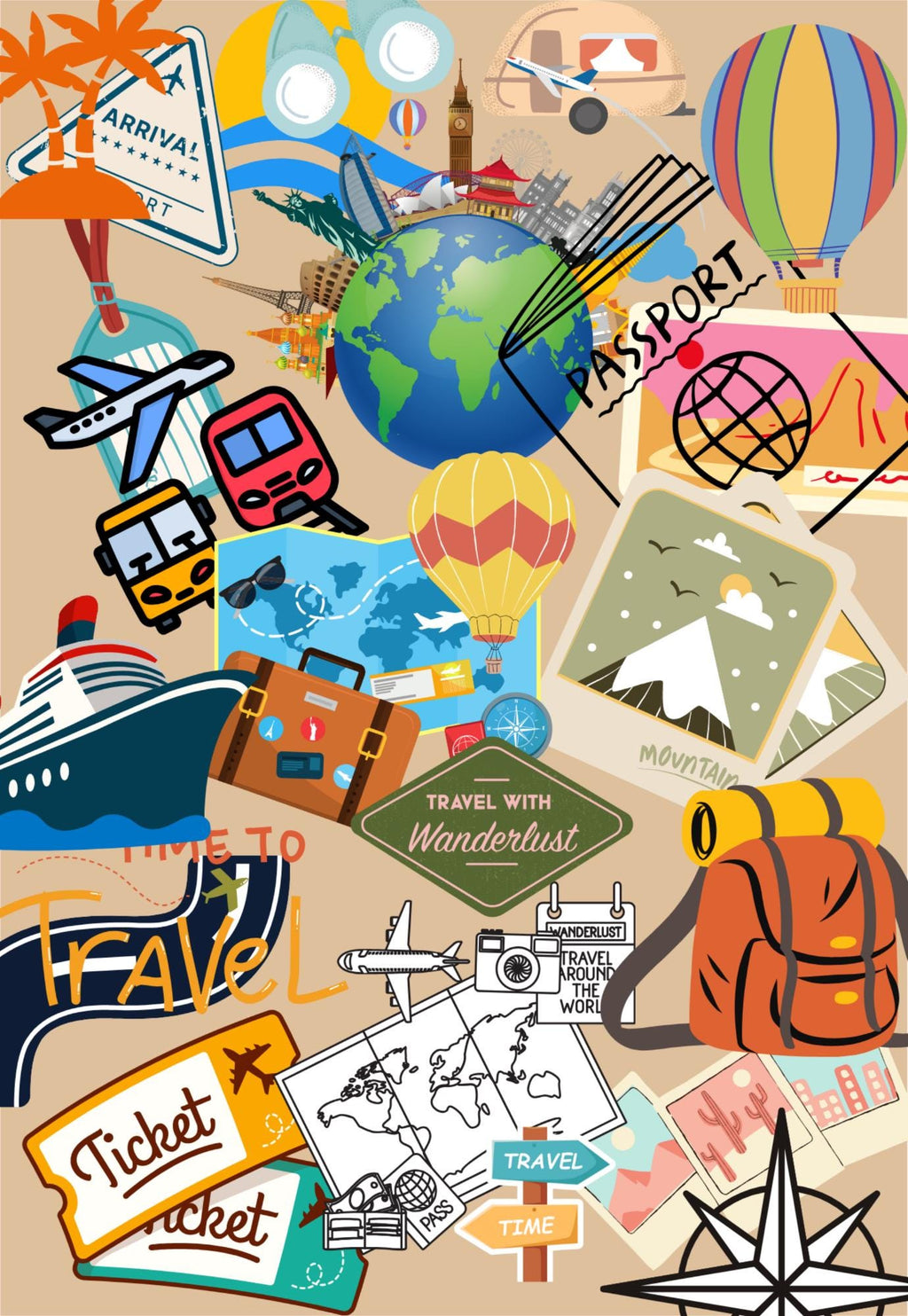 Travel Adventure Notebook Cover with Stickers (Digital Download)