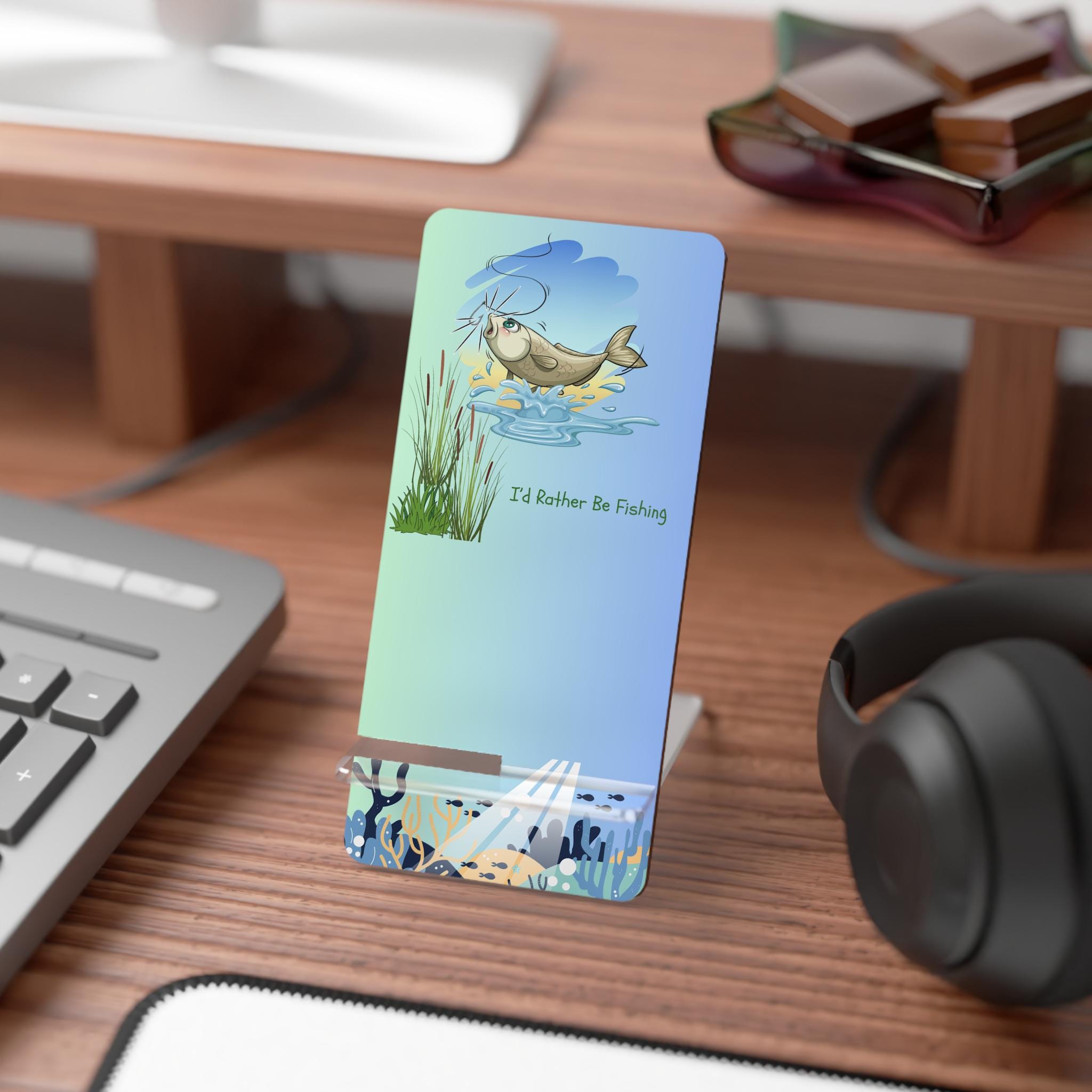 Fishing Themed Smartphone Stand, I'd Rather Be Fishing Holder, Desk Accessory, Gift for Fisherman, Fishing Lover Decor, Unique Phone Stand