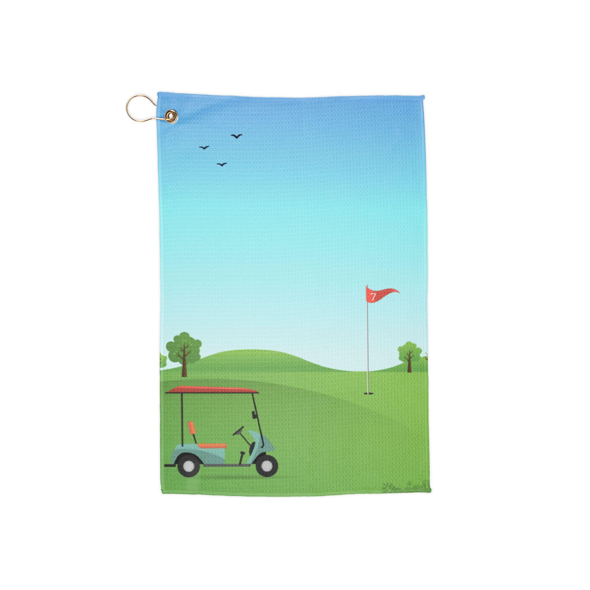 Golf Cart Flag Hole Illustration Golf Towel | Course Scene, Blue Sky