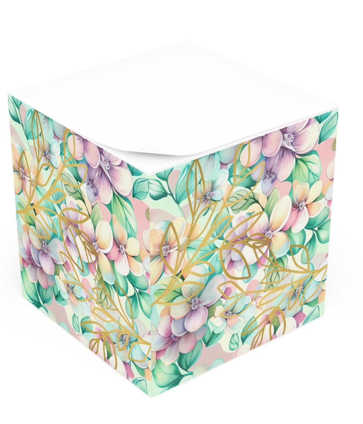 Floral Note Cube: Gold Accent Memo Pad - Desk Decor