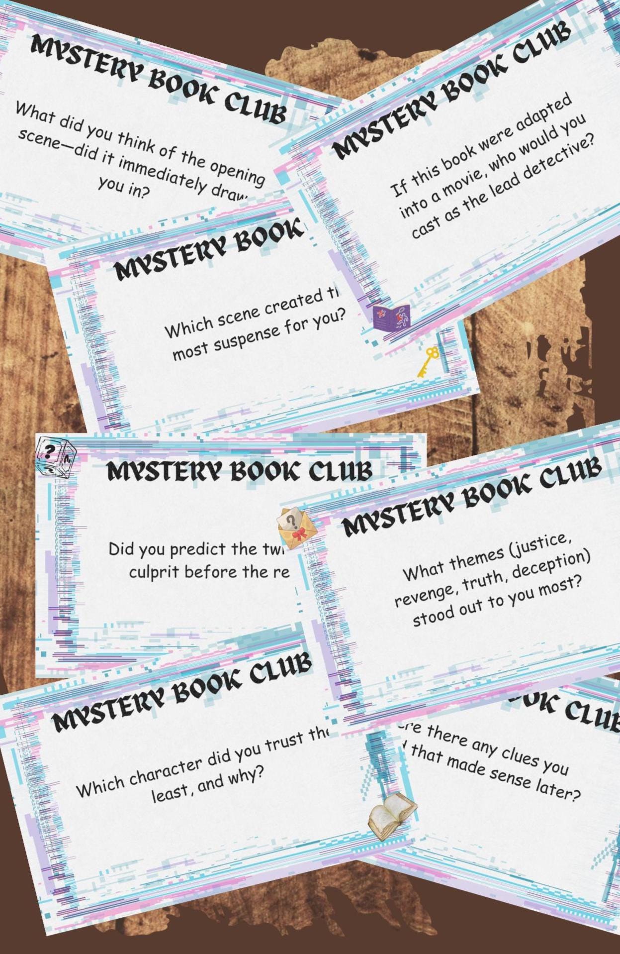 Mystery Book Club Conversation Cards, Idea starters, PDF File Download