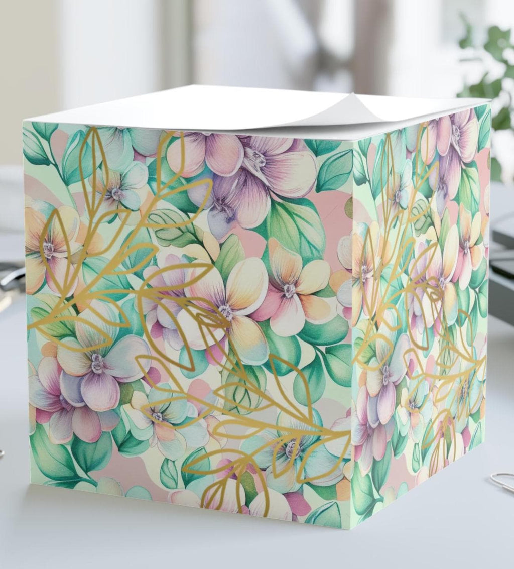 Floral Note Cube: Gold Accent Memo Pad - Desk Decor