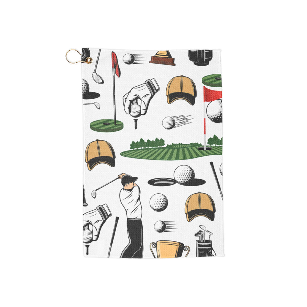 Golf Icons Pattern Golf Towel | Clubs, Balls, Caps, Flags