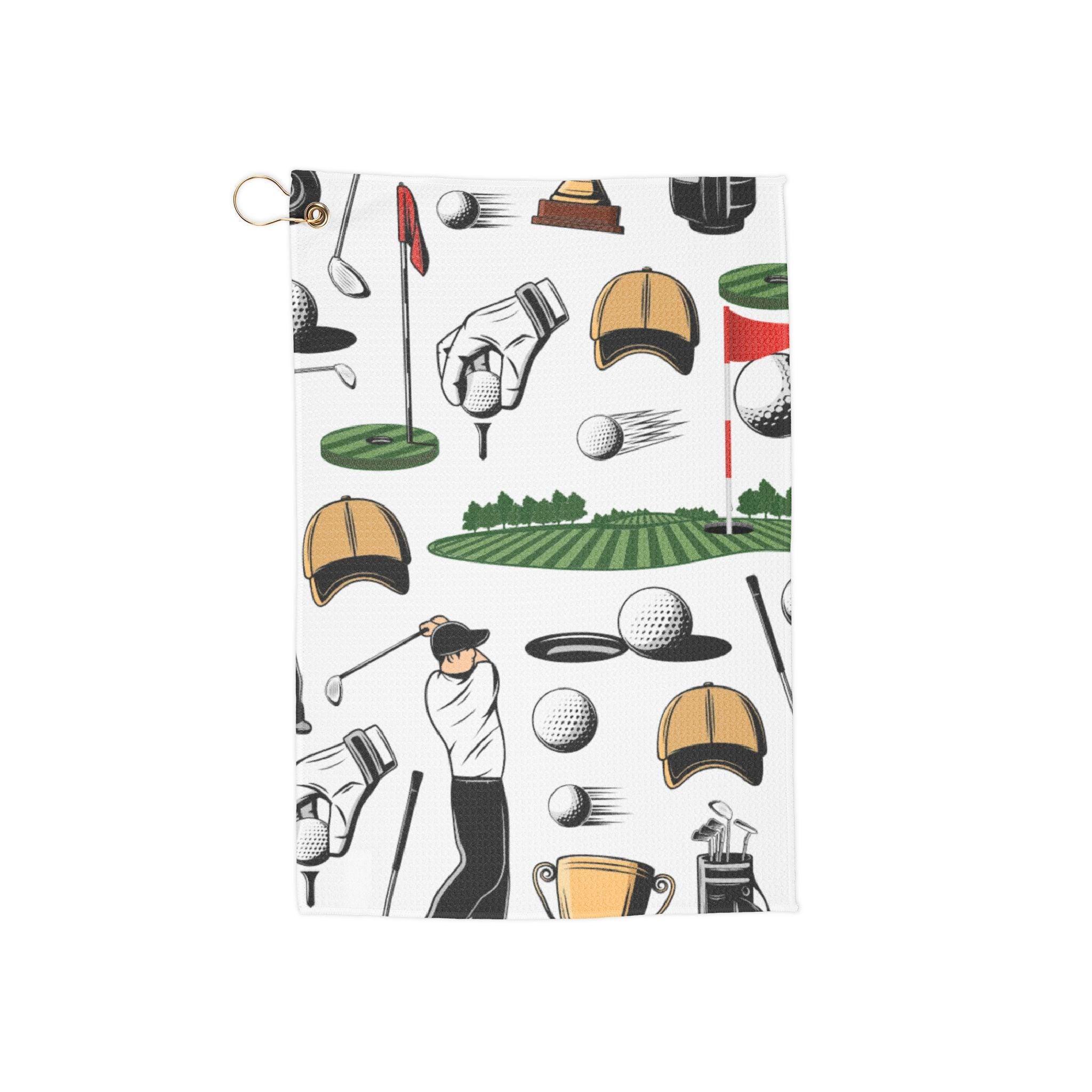 Golf Icons Pattern Golf Towel | Clubs, Balls, Caps, Flags