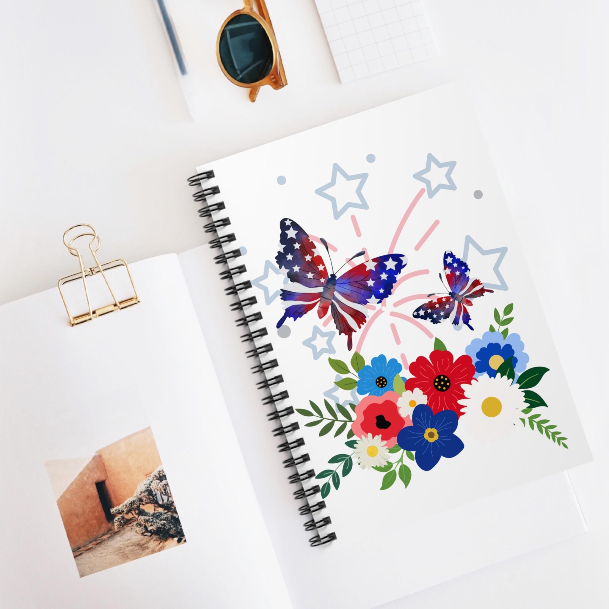 Patriotic Butterfly Spiral Notebook: Floral Journal for Writing