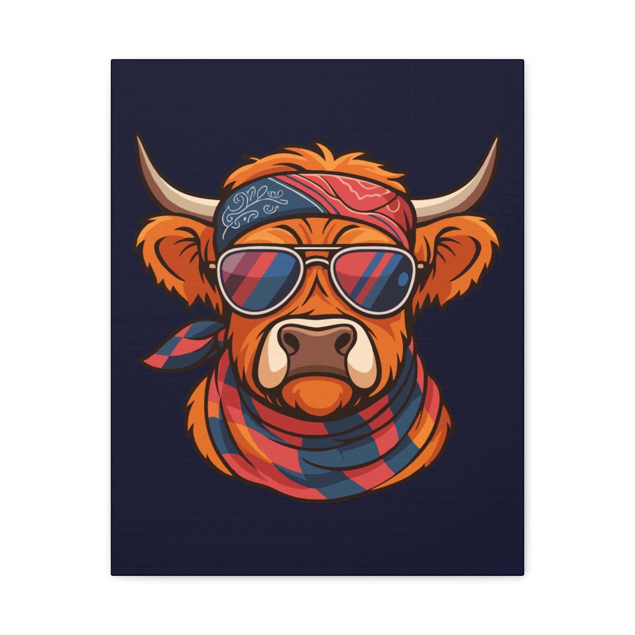 Highland Cow Canvas Art | Illustrated Bandana, Aviators, Scarf Wall Decor