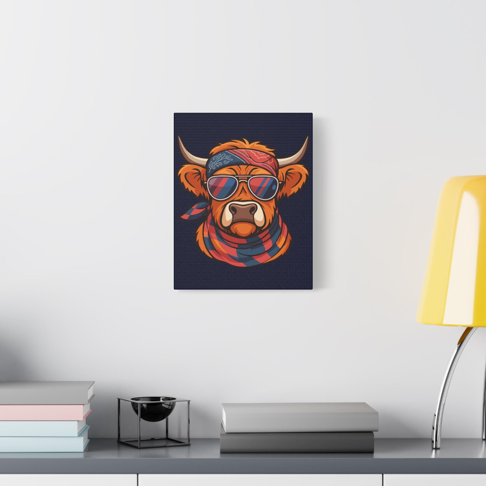 Highland Cow Canvas Art | Illustrated Bandana, Aviators, Scarf Wall Decor