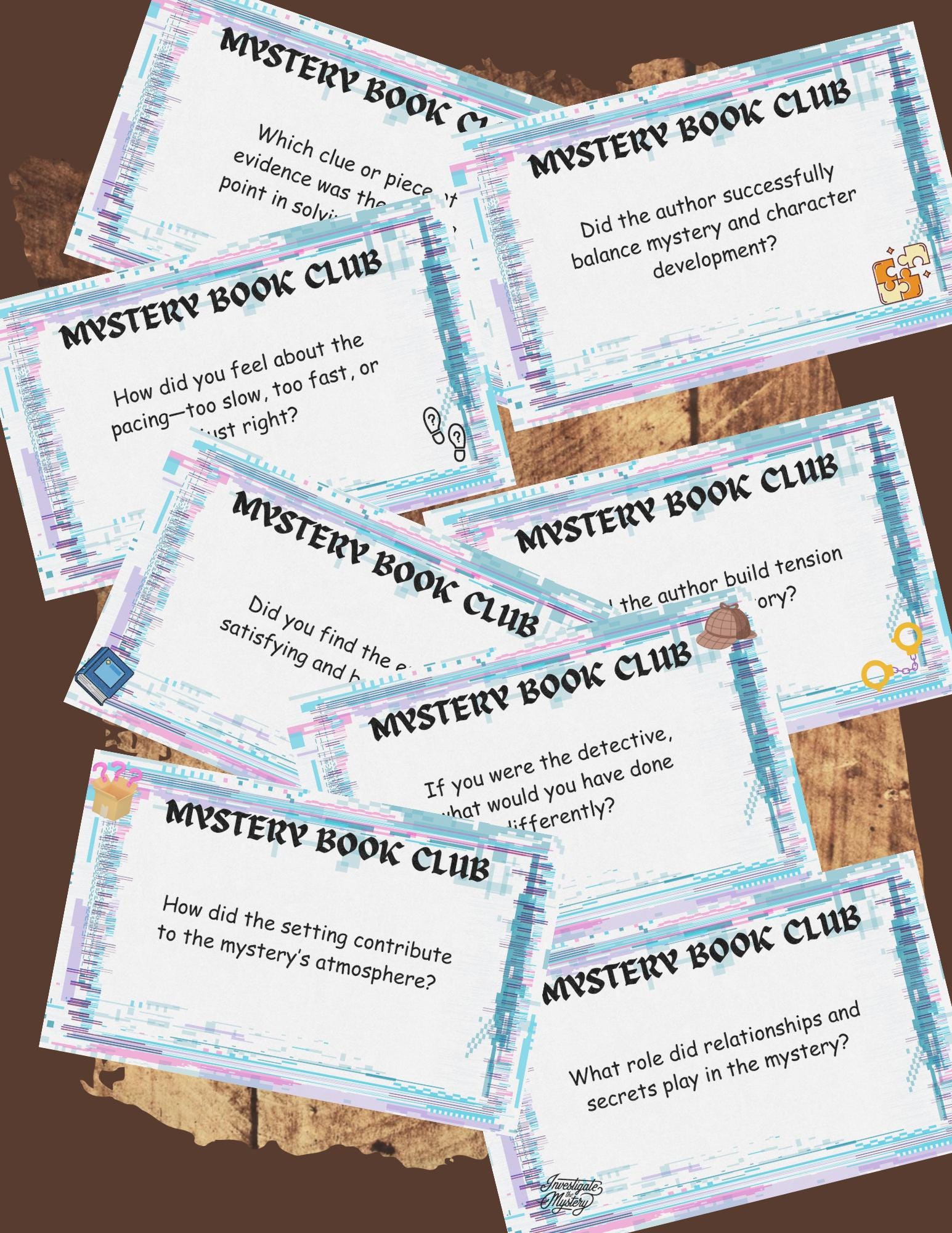 Mystery Book Club Conversation Cards, Idea starters, PDF File Download