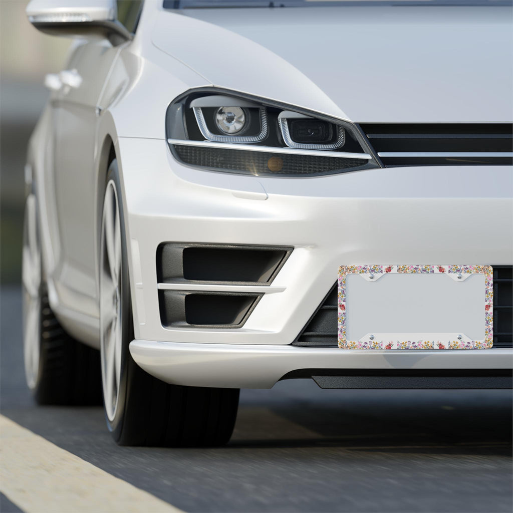 Floral License Plate Frame: White Aluminum Car Decor