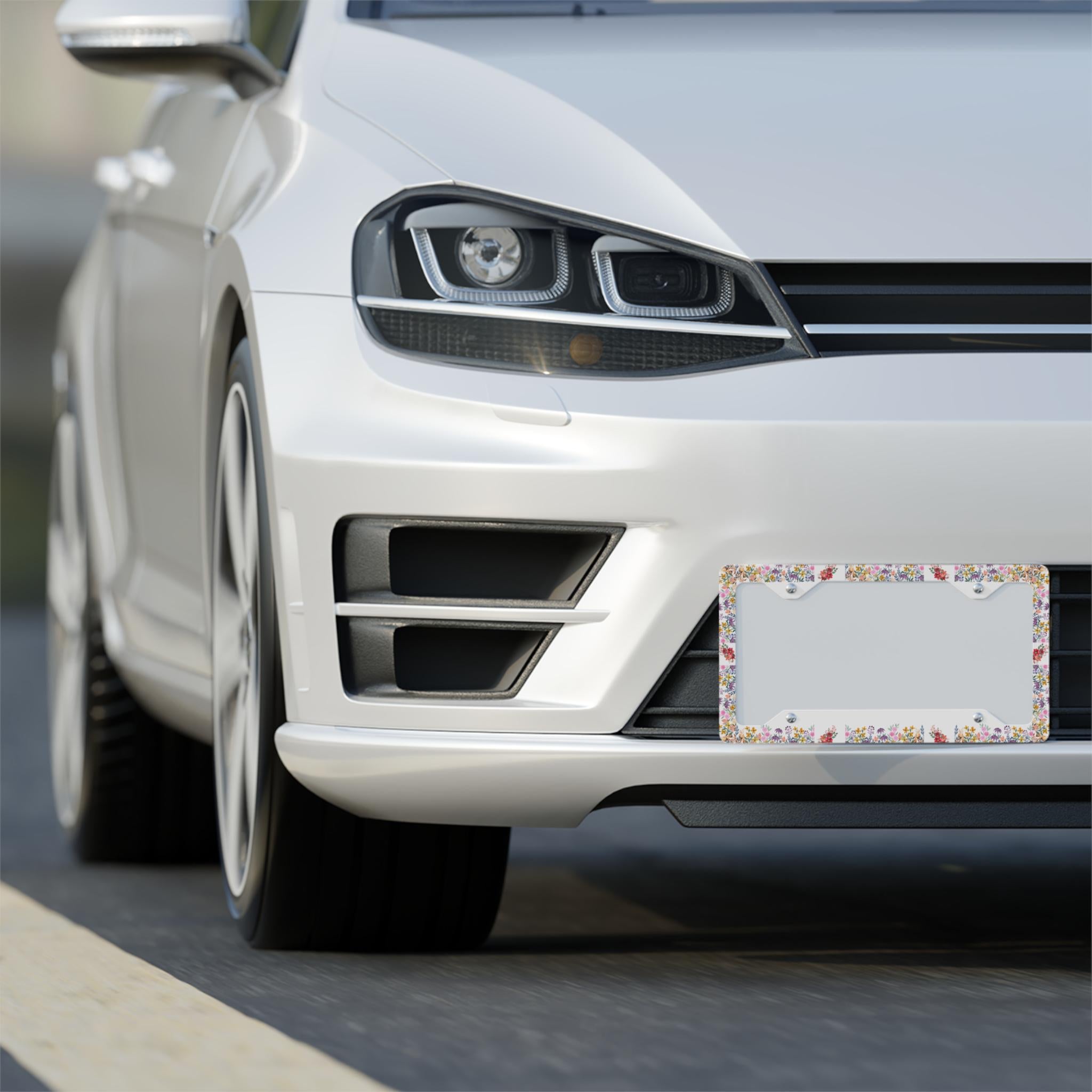 Floral License Plate Frame: White Aluminum Car Decor