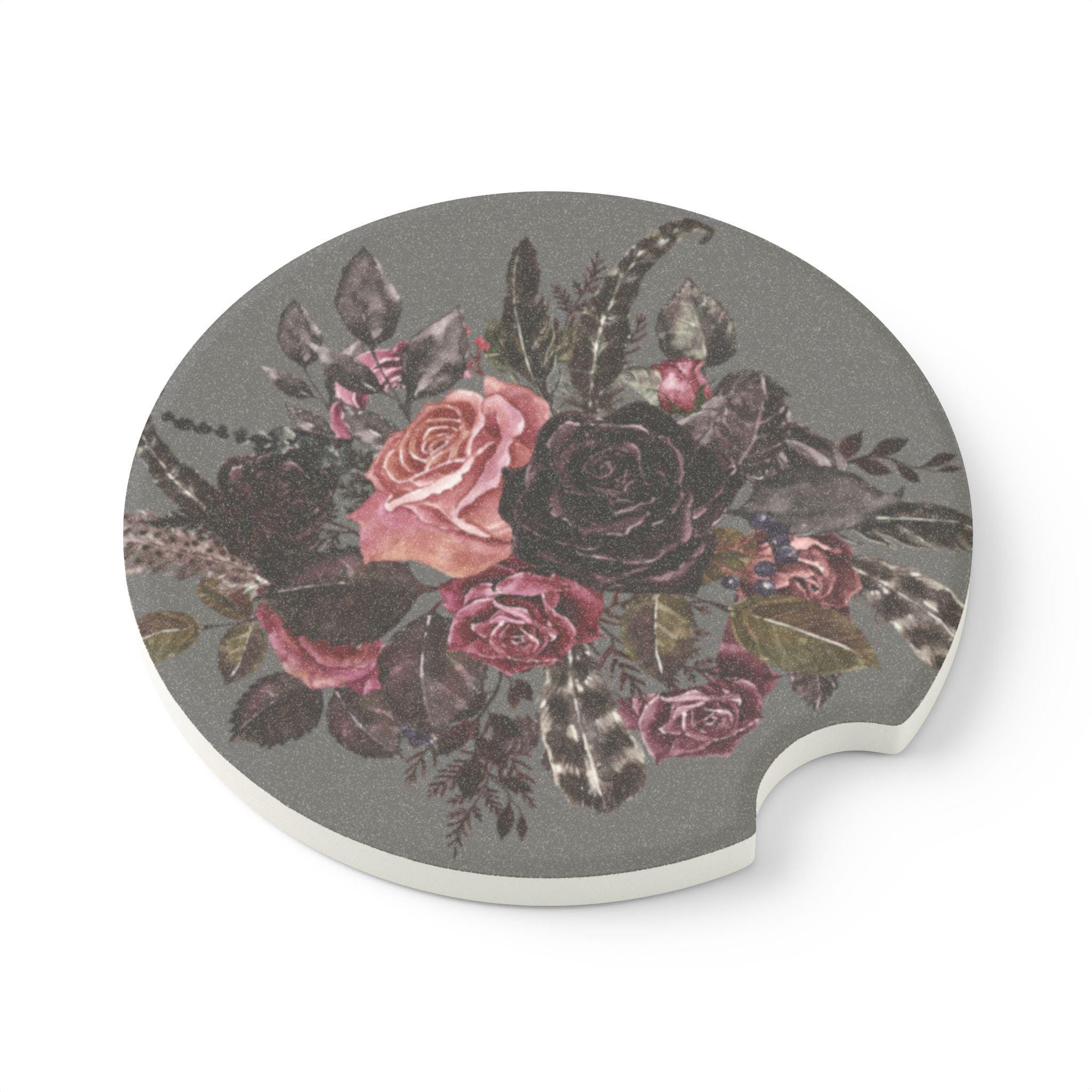 Dark Rose Soapstone Car Coaster: Floral Auto Accessory