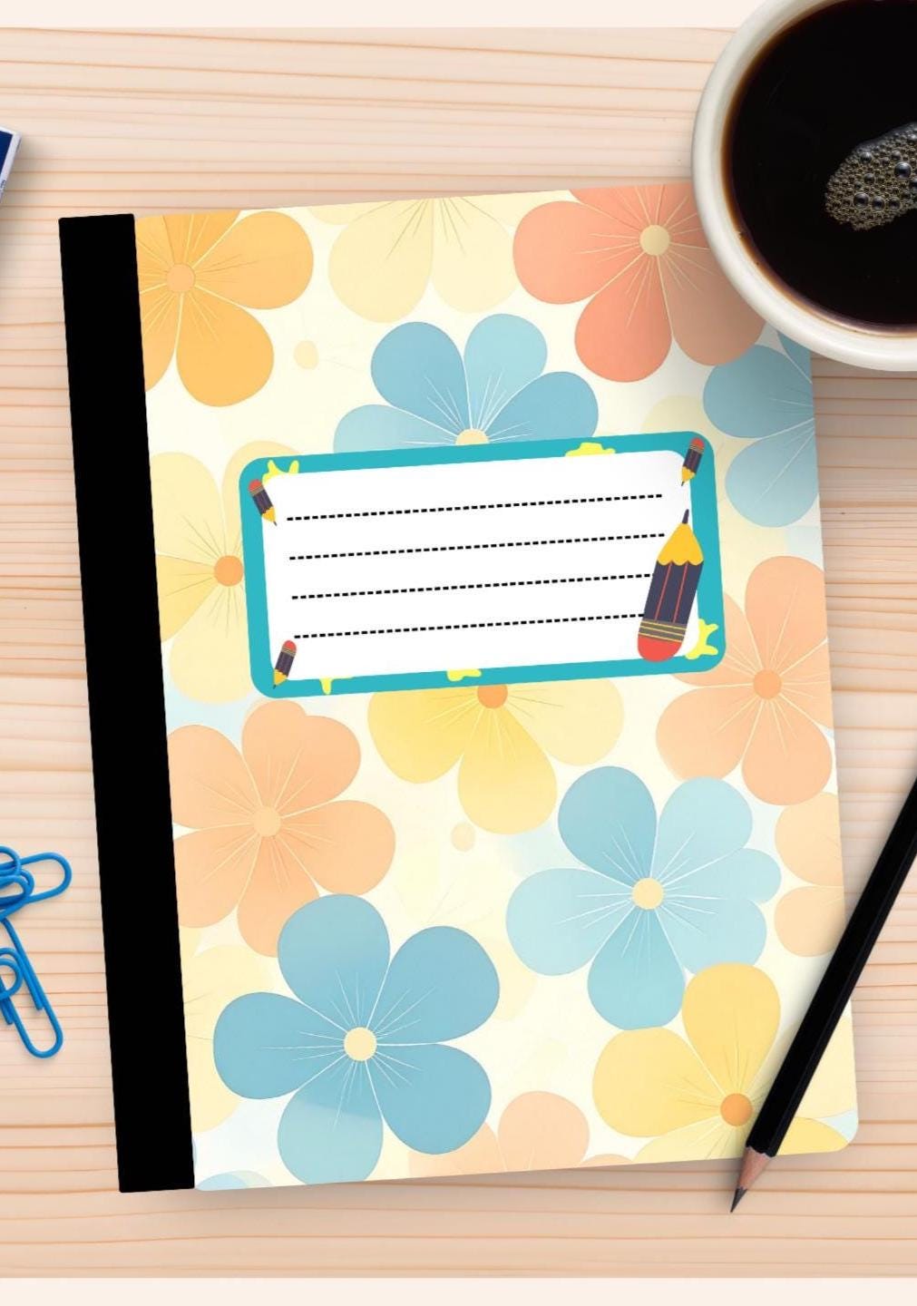 Floral Composition Notebook Cover: Yellow & Blue Stickers (Digital Download)
