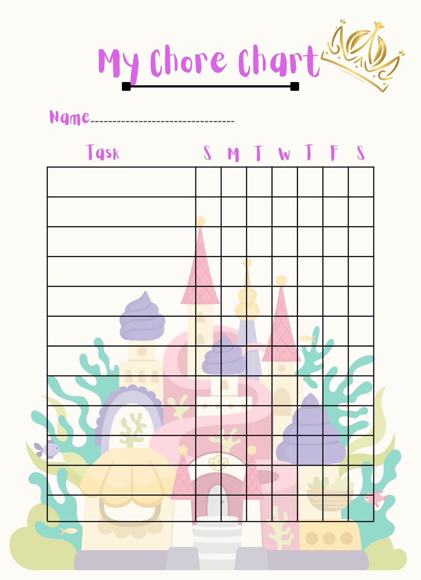 Princess Castle Chore Chart: Kids Task Tracker (PDF Download)