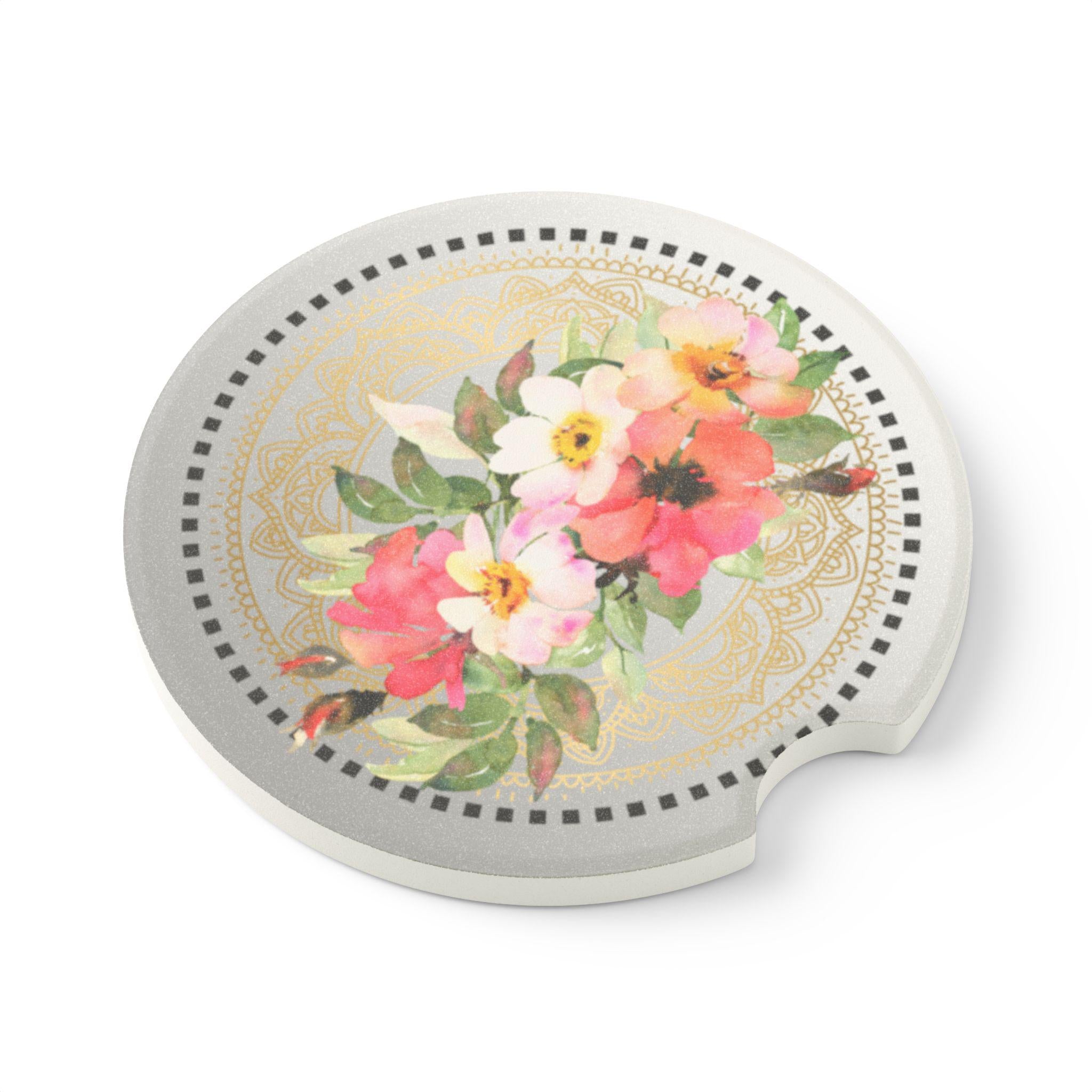 Floral Soapstone Car Coaster Set: Decorative Auto Drink Holder