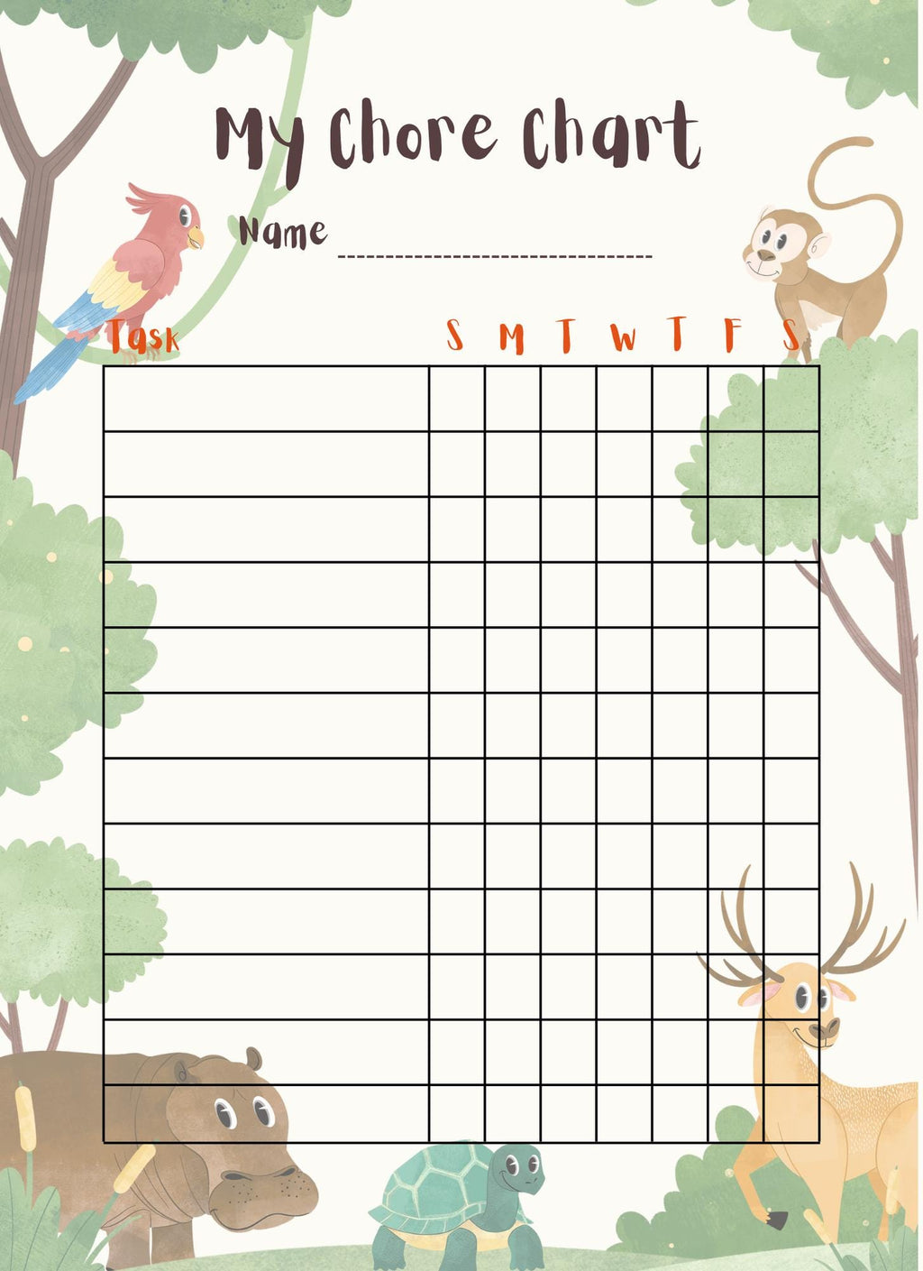 Jungle Themed Chore Chart, track weekly chores, accomplishments and incentivize your child to succeed