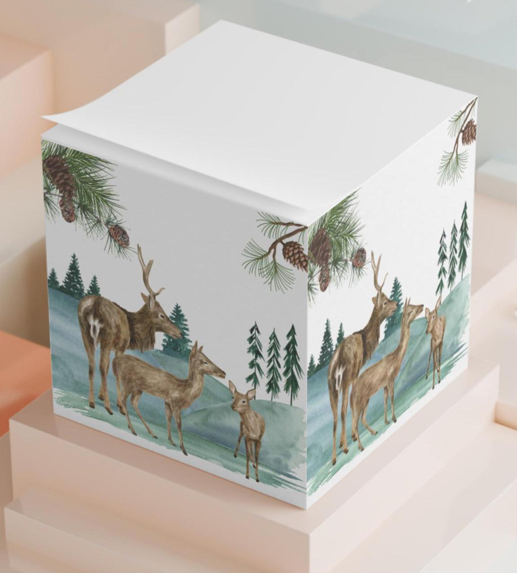 Deer & Pine Note Cube: Rustic Office Memo Pad, Nature Lover Gift
