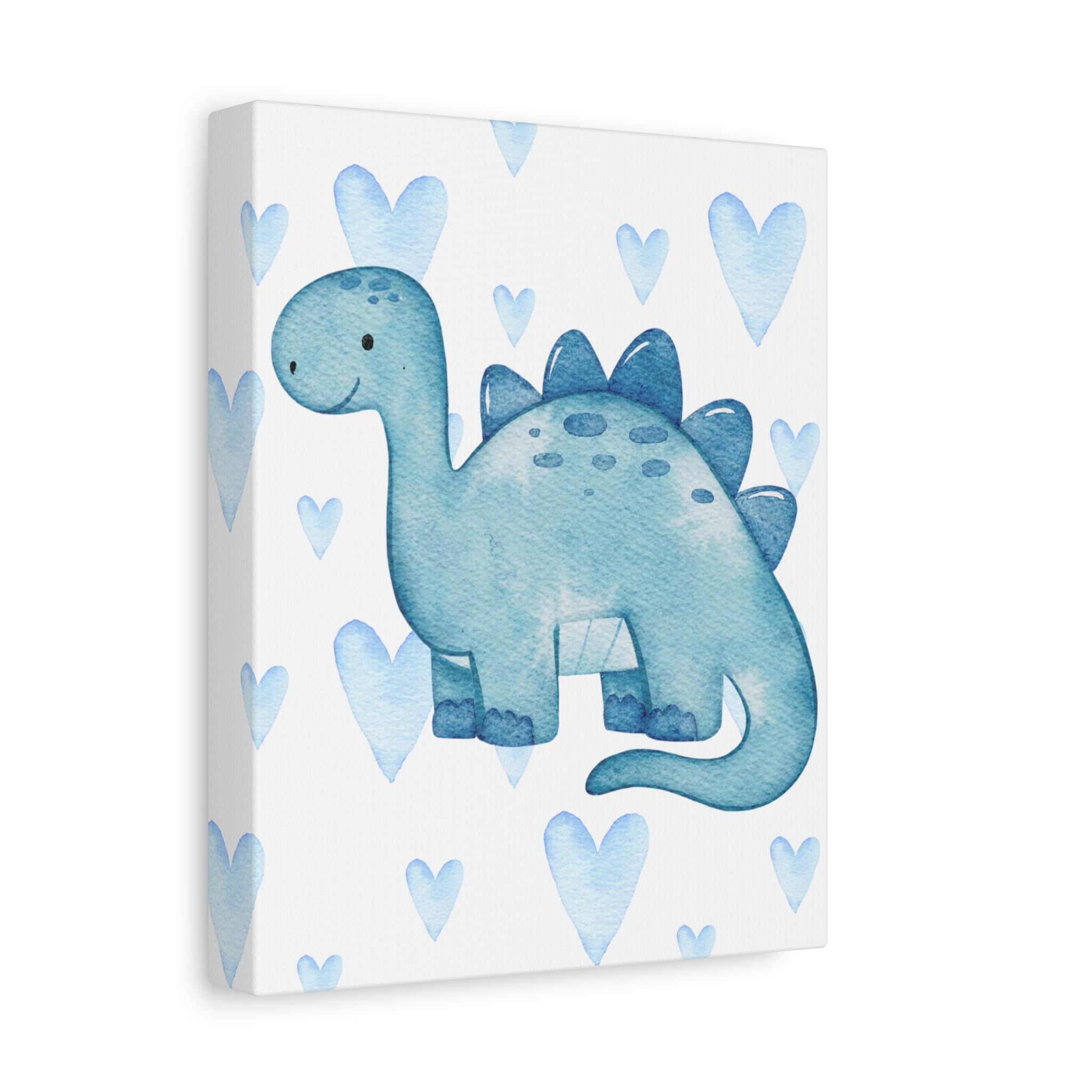 Blue Watercolor Dinosaur Hearts Canvas, Nursery Print