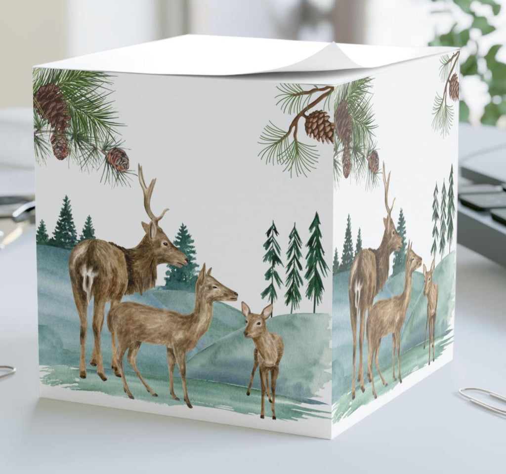 Deer & Pine Note Cube: Rustic Office Memo Pad, Nature Lover Gift