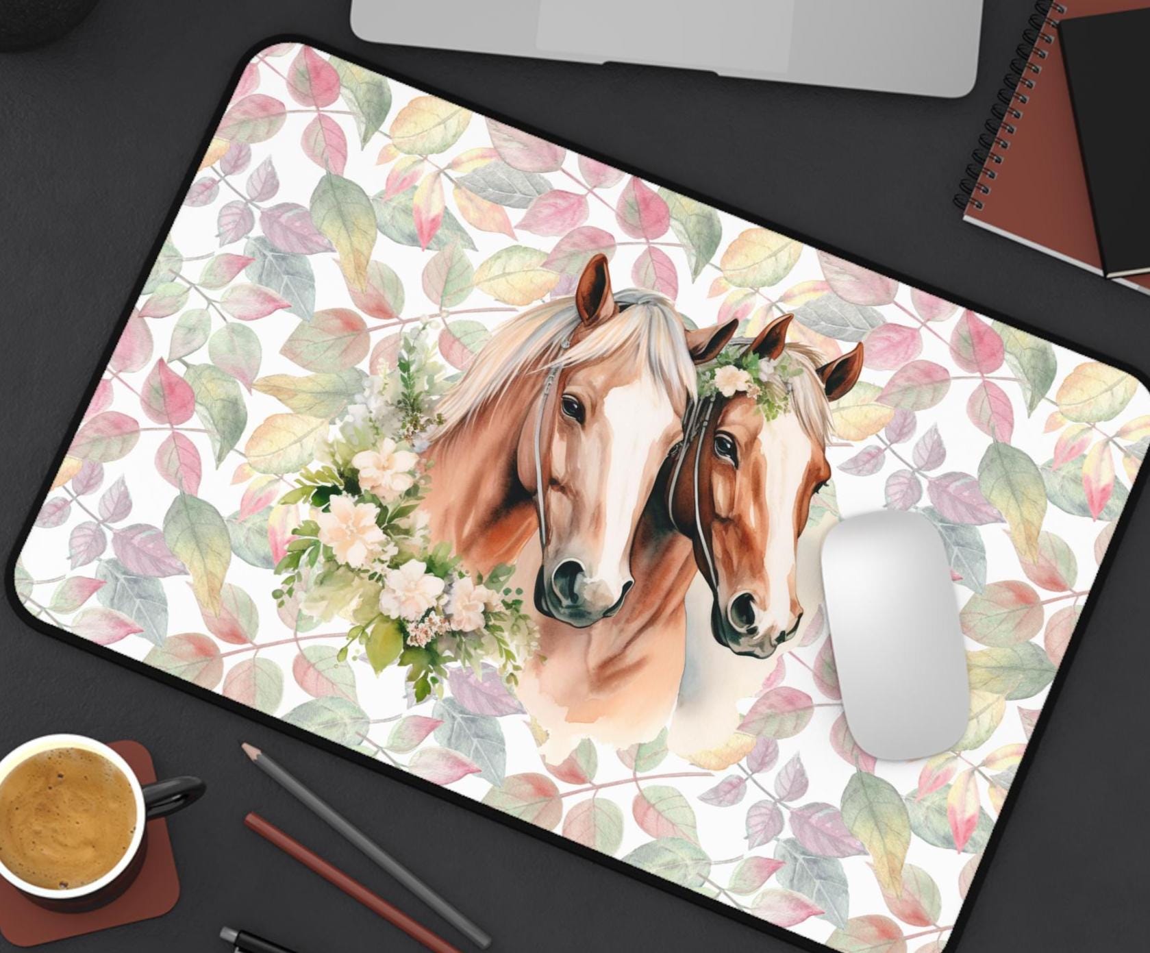 Floral Horse Desk Mat: Equestrian Home Office Decor