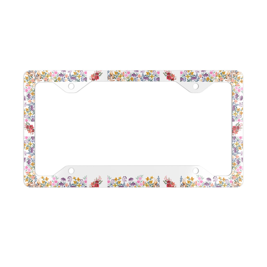Floral License Plate Frame: White Aluminum Car Decor