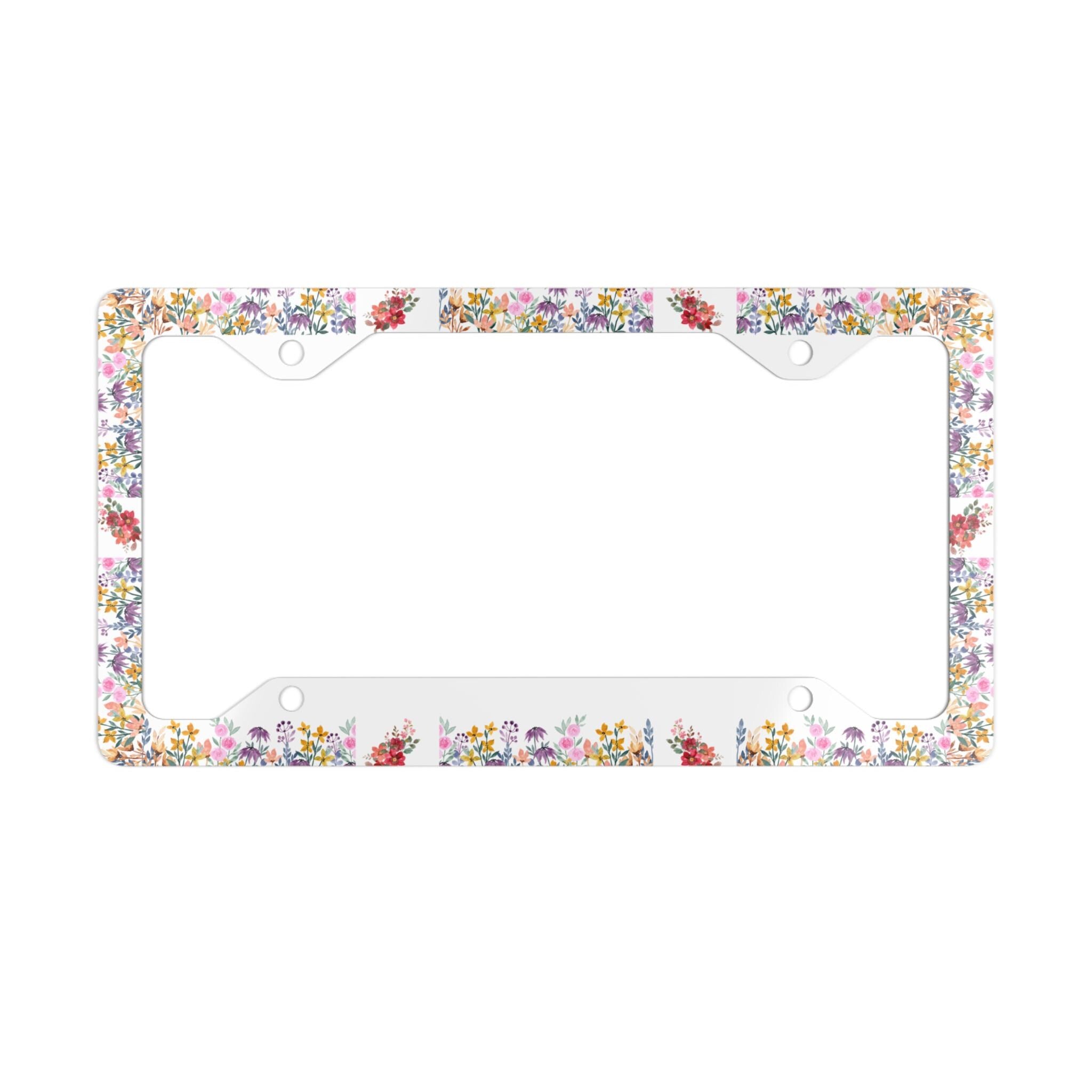 Floral License Plate Frame: White Aluminum Car Decor