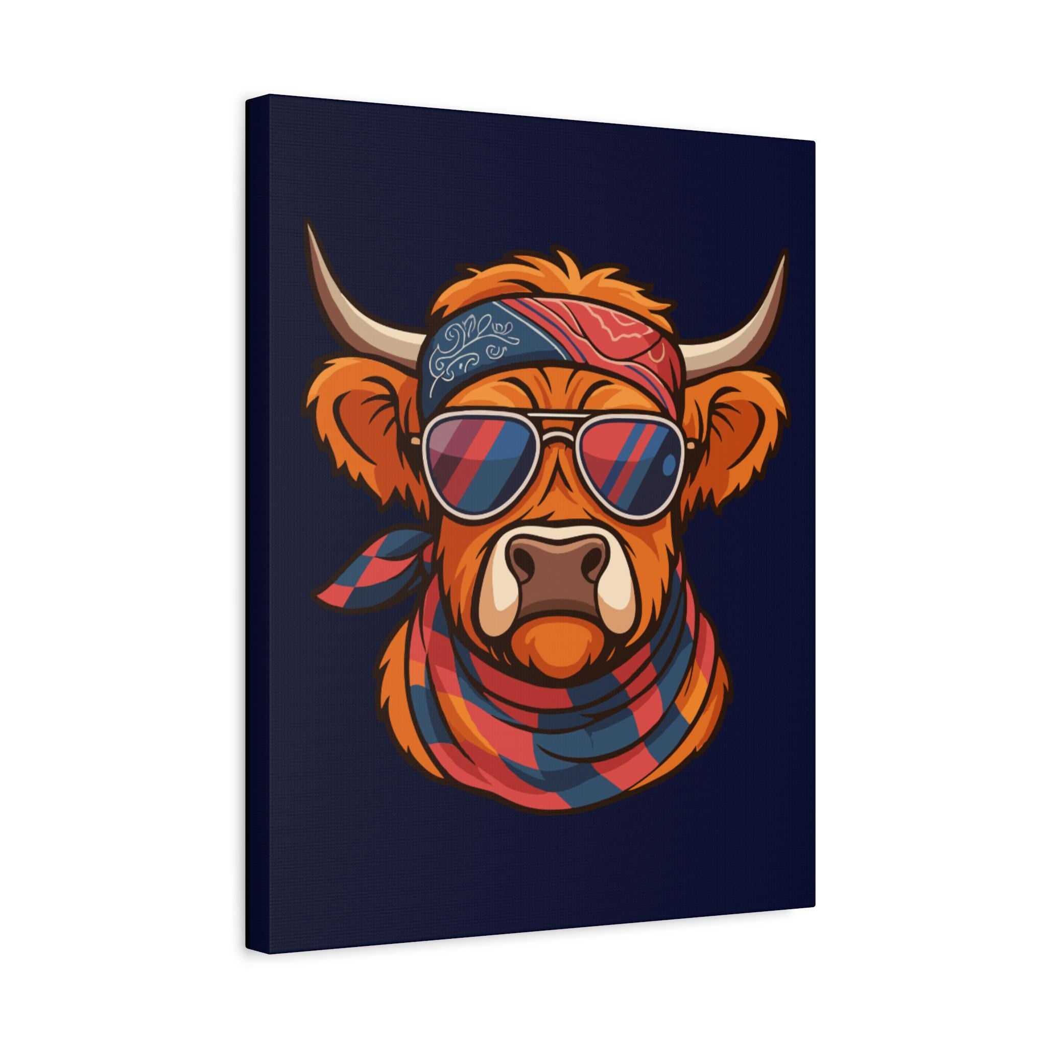 Highland Cow Canvas Art | Illustrated Bandana, Aviators, Scarf Wall Decor